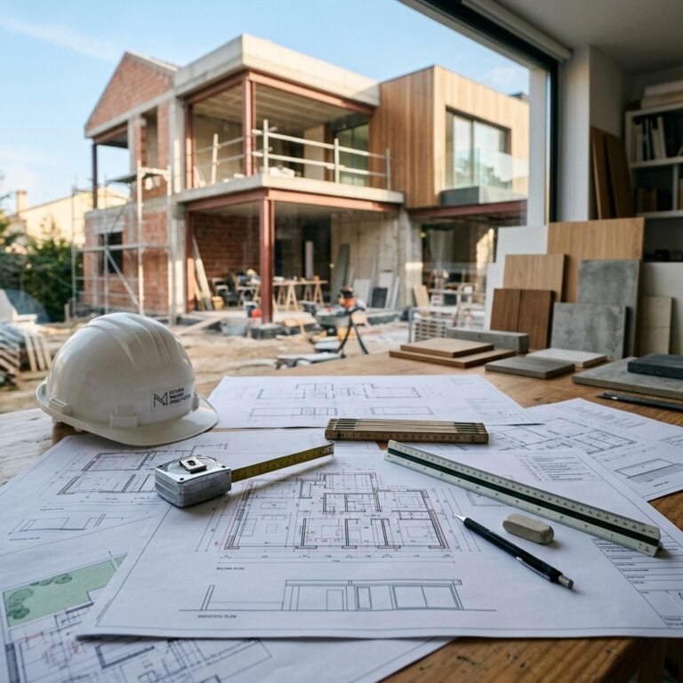 Planos de arquitecto sobre mesa para reforma integral en Majadahonda