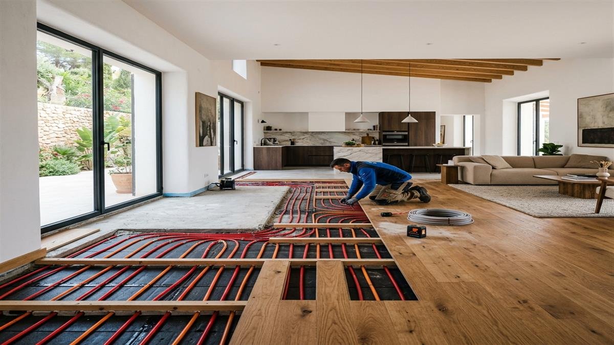 Suelo radiante con aerotermia en reforma integral de vivienda moderna