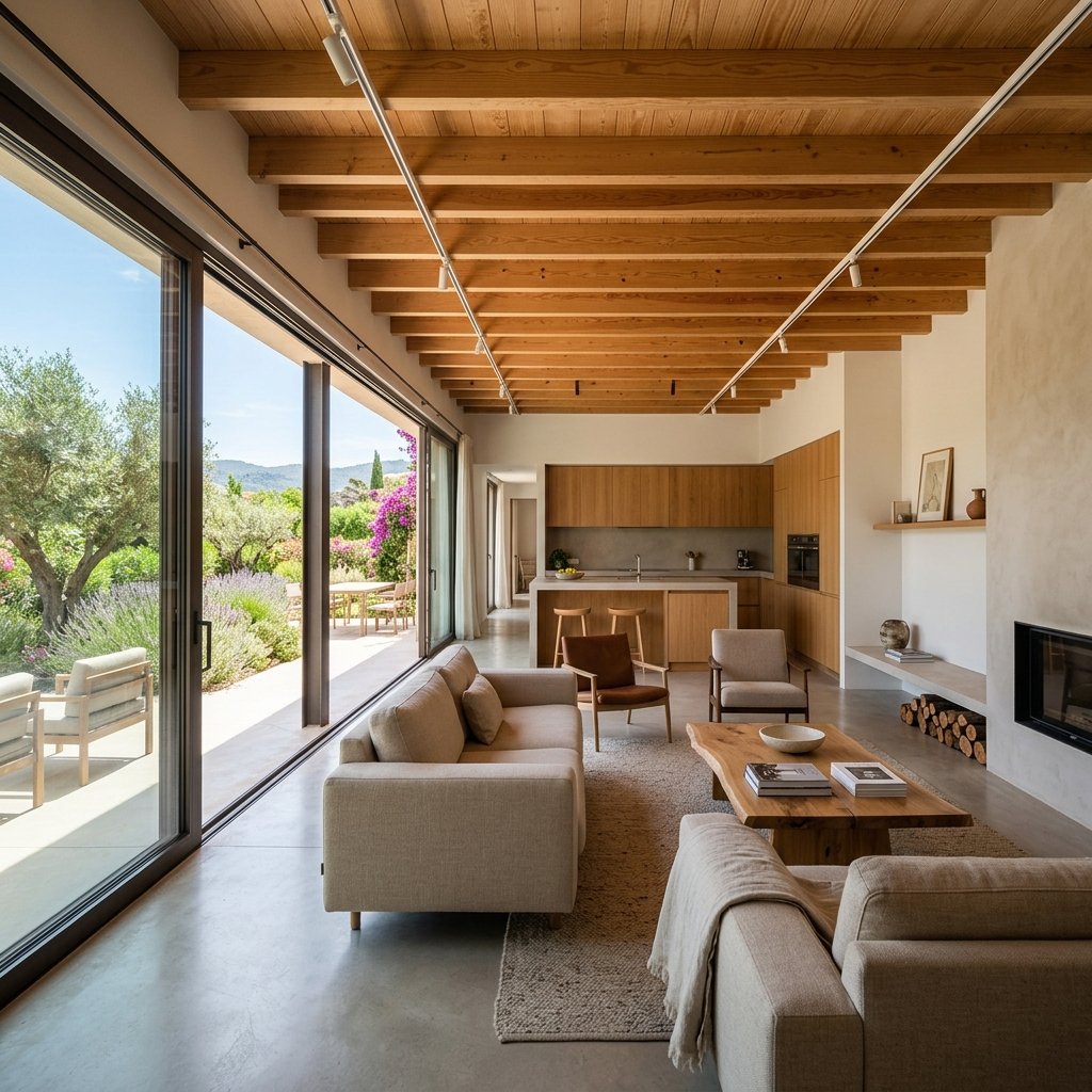 Interior de chalet reformado con salón abierto a cocina en Majadahonda