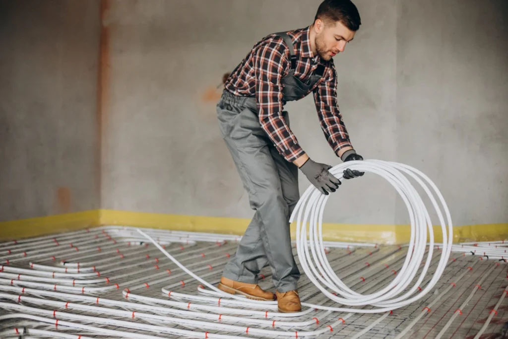 Instalador colocando tuberías de suelo radiante durante una reforma